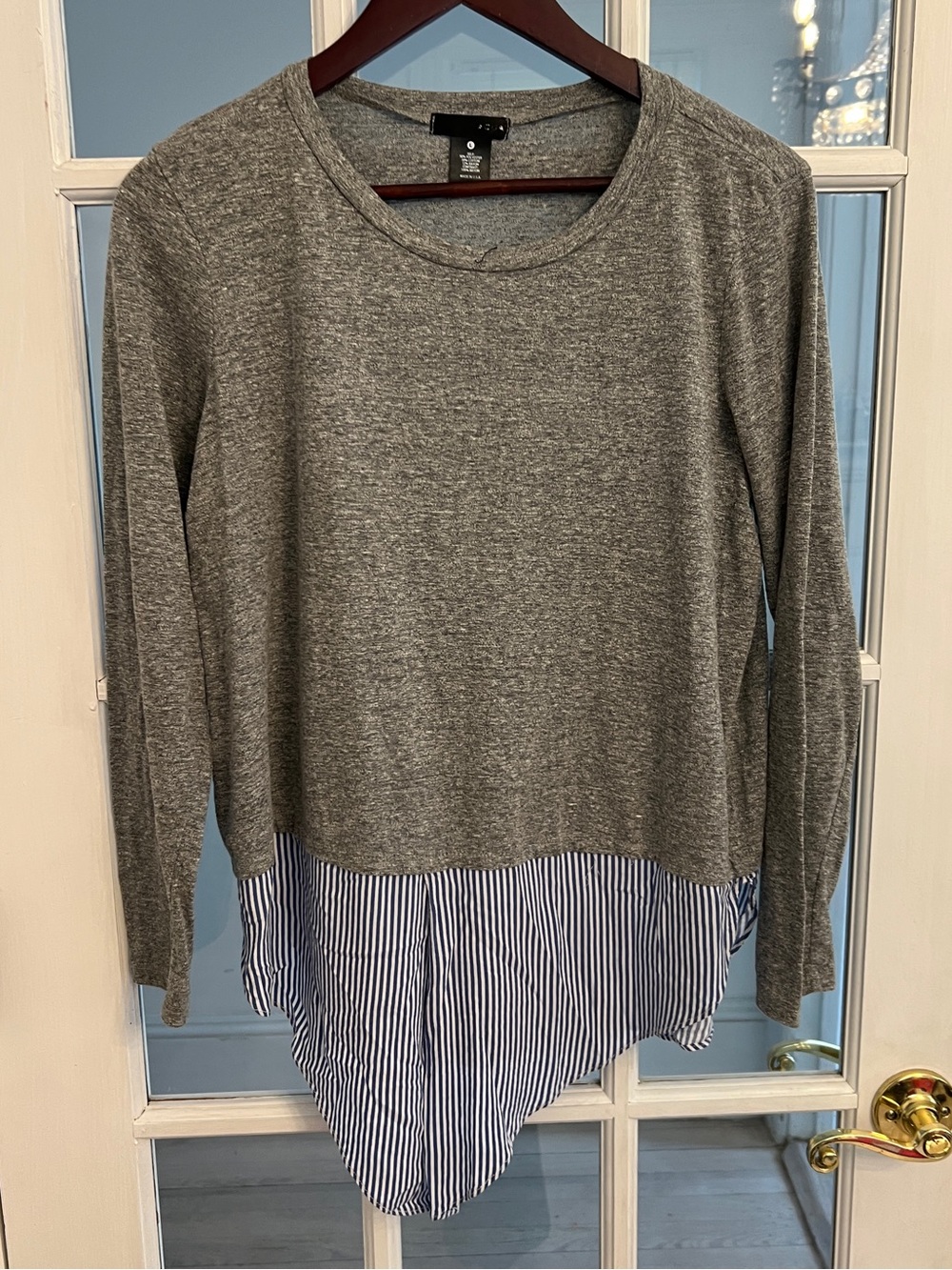 AQUA Women’s Gray Striped Layered Look High Low Hem Long Sleeve Top L